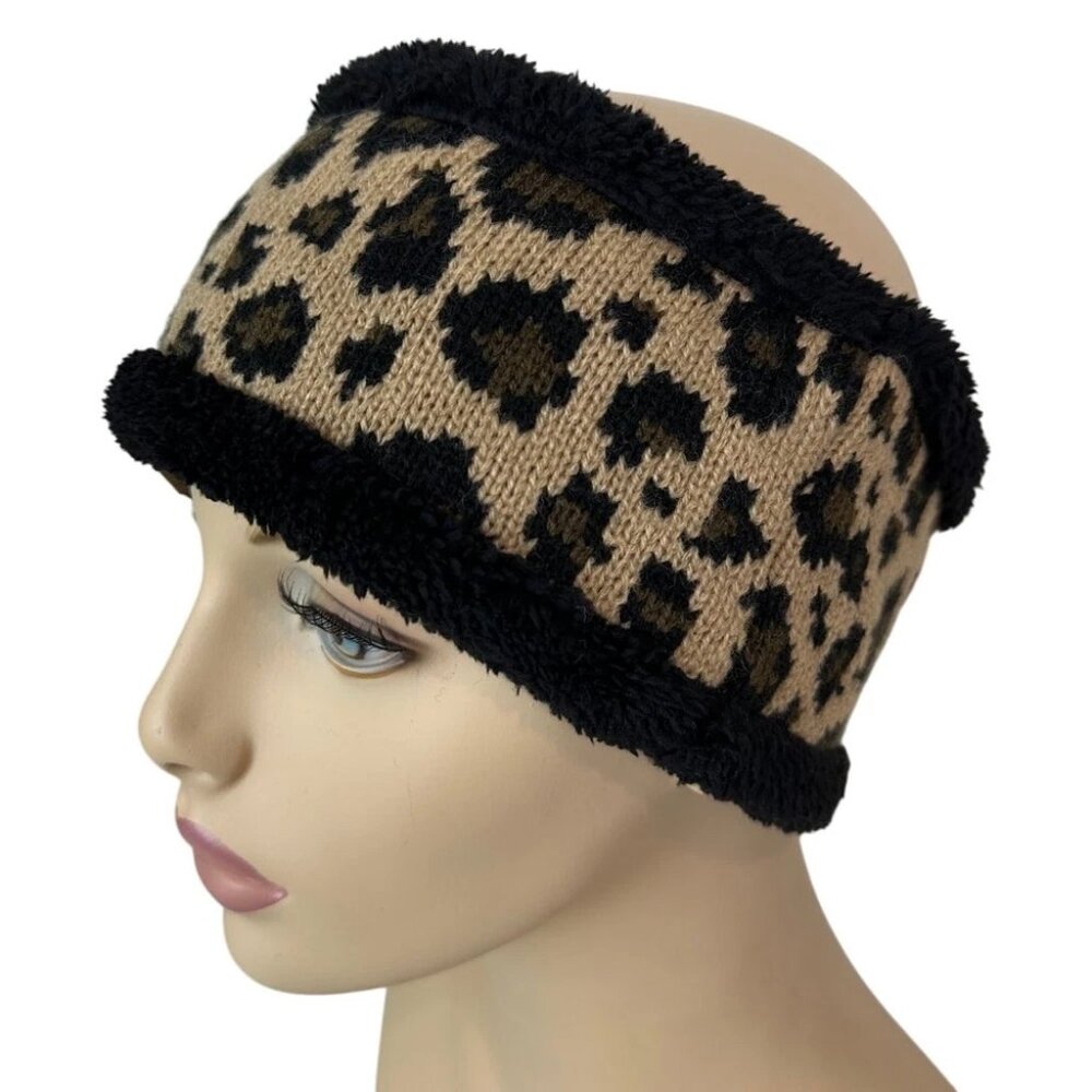 CC Fleece Lined Leopard Print Knit Headband Ear Warmer Womens Girls One Size